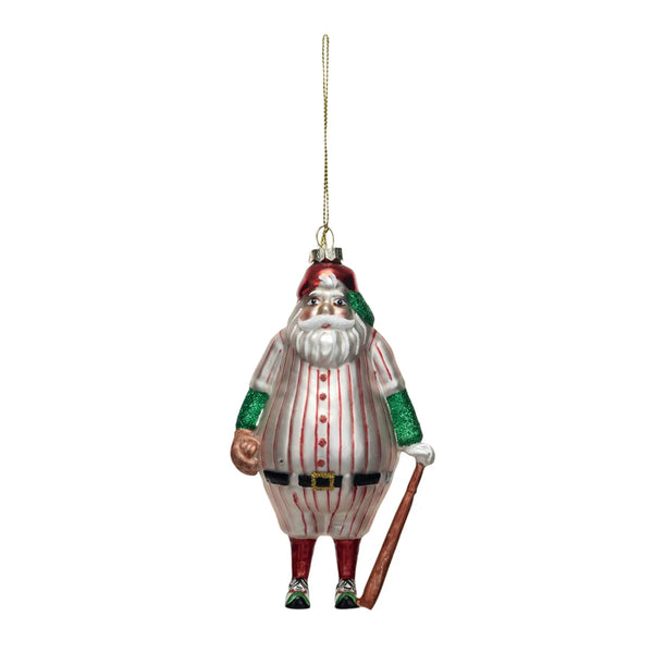 Glass Santa in Baseball Outfit Ornament w/ Bat