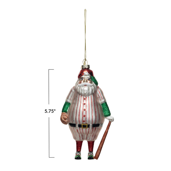 Glass Santa in Baseball Outfit Ornament w/ Bat