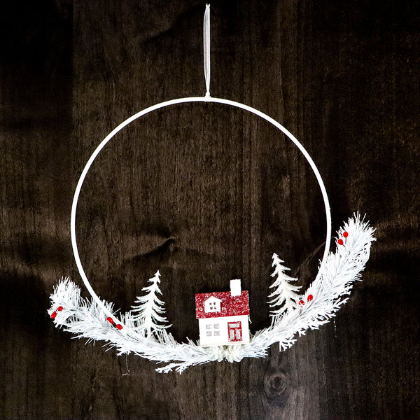 Plastic Wreath with Paper House, Foliage and Glitter