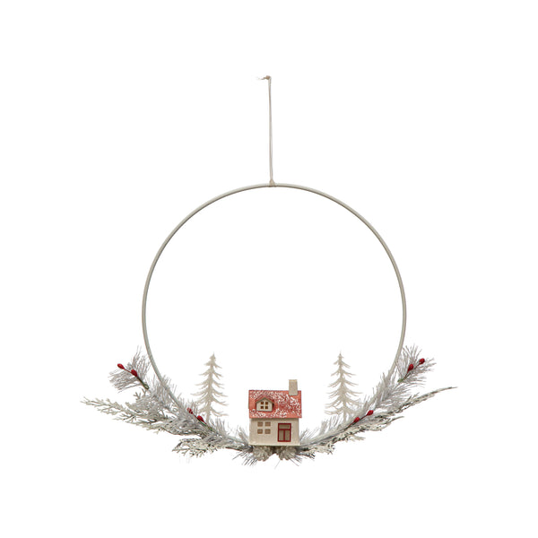 Plastic Wreath with Paper House, Foliage and Glitter