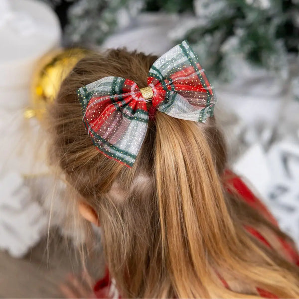 Christmas Plaid Tulle Bow Hair Clip - Kids Holiday